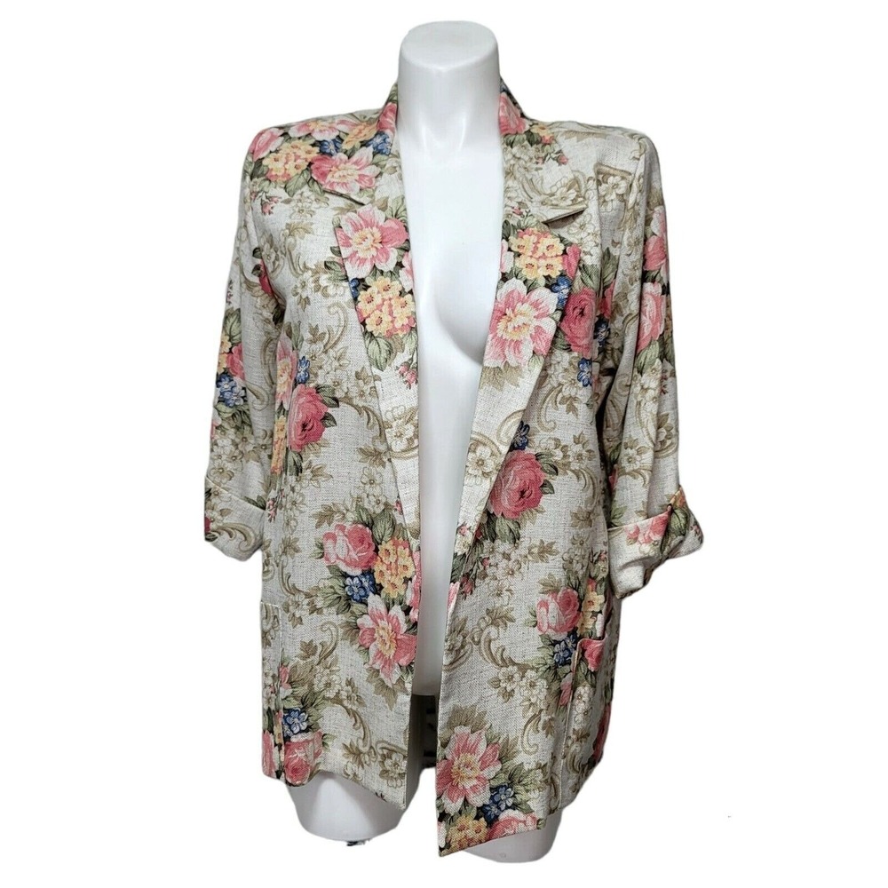 Vintage Joanna Womens L Cottagecore Floral 3/4 Cuffed Sleeve Open Front Blazer